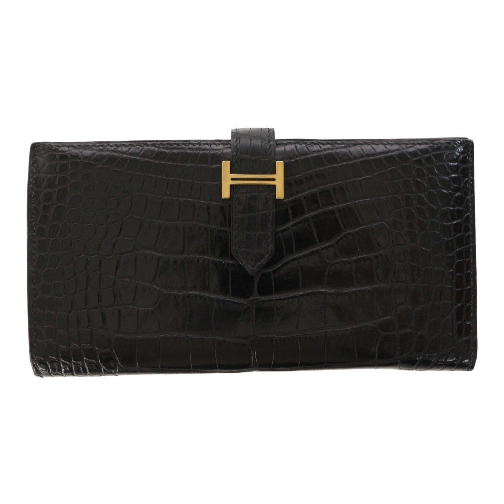 Hermes Bearn Classic Long Wallet Crocodile Alligator Black